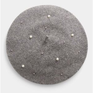 Grey wood felt beads embellished beret hat NWT